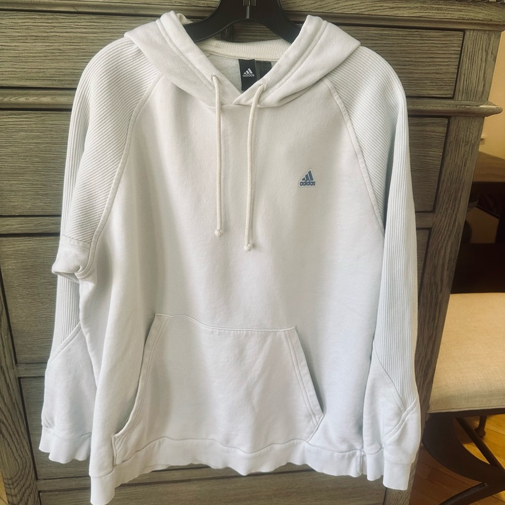 Adidas Men's White Hoodie with Blue Logo.size L